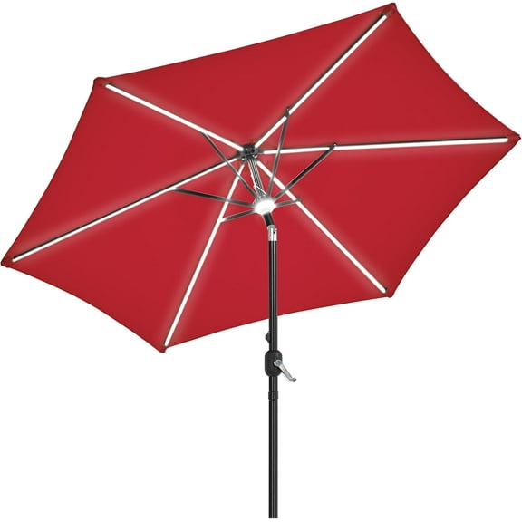 REKHH 9FT Solar Lighted Patio Umbrella Large Outdoor Umbrella with Strip Lights & Hub Light, LED Table Market Sunshade with Crank and Tilt for Courtyard Deck Beach Pool, Red