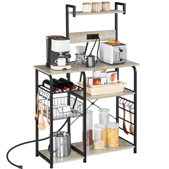 REKHH Bakers Rack with Power Outlet, 4-Tier Microwave Stand Cart Coffee Bar with Wire Basket and Wine Storage, Freestanding Kitchen Shelf Extra Counter Space, Gray