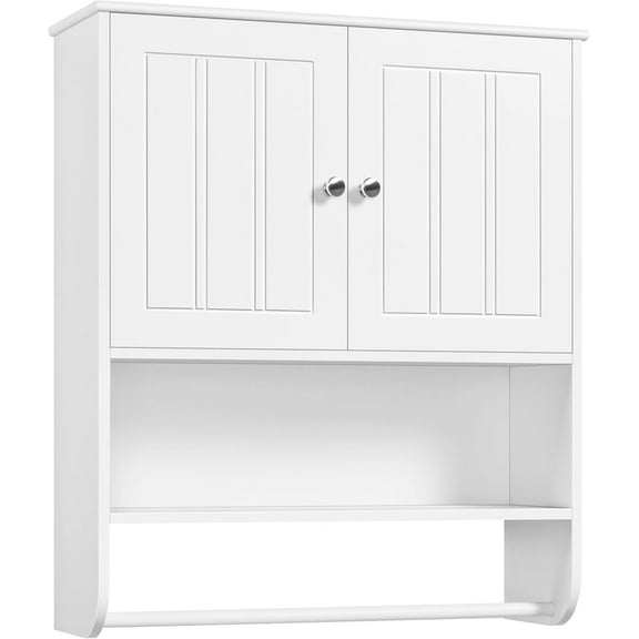 REKHH Bathroom Wall Cabinet with Towel Rack and Open Shelf, Medicine Cabinet with Double Doors, Hanging Kitchen Cupboard with Adjustable Shelf for Living Room, Laundry Room, Mudroom White