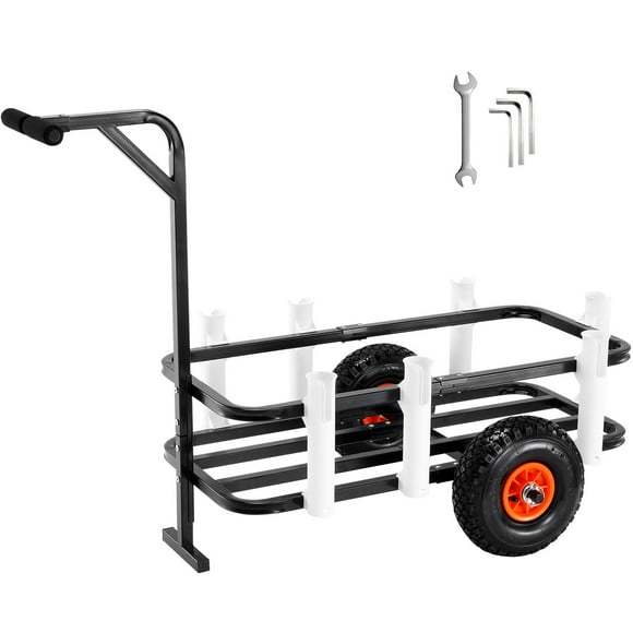 REKHH Beach Fishing Cart, 200 lbs Load Capacity, Fish and Marine Cart with Two 11" Big Wheels Rubber Balloon Tires for Sand, Heavy-Duty Steel Pier Wagon Trolley with 7 Rod Holders for Fishing, Picnic