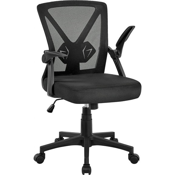 REKHH Desk Chair Mesh Computer Office Chair with Wheels Ergonomic Height Adjustable Swivel Flip-up Arms and Lumbar Support, Black