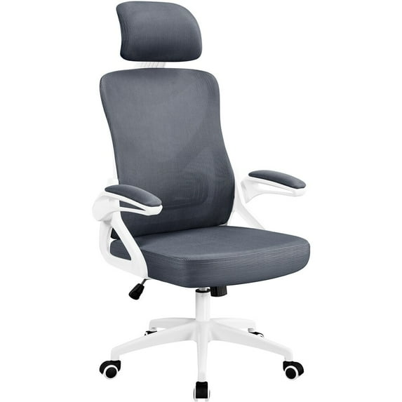REKHH Ergonomic Mesh Office Chair, High Back Desk Chair with with flip-up Armrests, Adjustable Padded Headrest Computer Chair with Lumbar Support for Home Oiffce Game Room,White/Gray