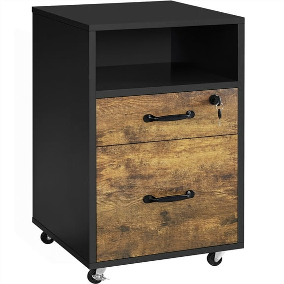 REKHH File Cabinet, Under Desk Vertical Cabinet With 2 Drawers and Open Compartment, Printer Stand with Lockable Wheels for A4 Letter Size Hangable File Folders for Home Office,Black/Rustic Brown