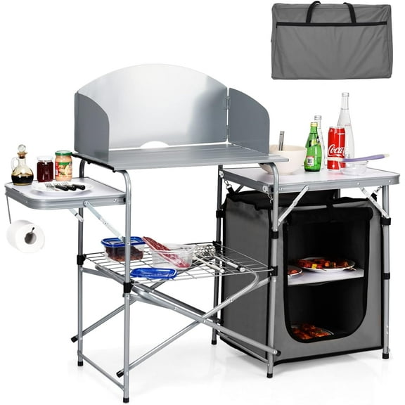 REKHH Folding Grill Table with 26'' Tabletop and Detachable Windscreen, Aluminum Portable Camp Cook Station Carry Bag Quick Set-up, BBQ Camping Picnic Backyard Outdoor Camping Kitchen Table (Grey)