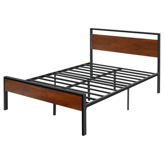 REKHH Full Size Bed Frame, 14 Inch Black Metal Platform Bed Frame with Retro Brown Wooden Headboard and Footboard, Large Under-Bed Storage, Non-Slip Without Noise, No Box Spring Needed, Easy Assembly