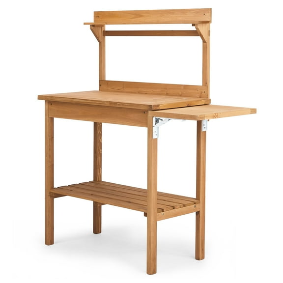 REKHH  Garden Potting Bench, Outdoor Wood Workstation Table with Galvanized Steel Tabletop, Folding Pallet, 1-Tier Storage Shelves, Outside Work Station Potting Table, Easy Assembly