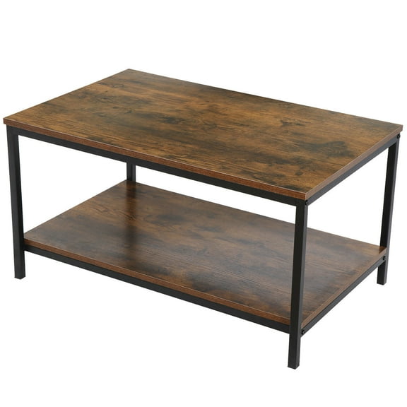 REKHH Industrial Coffee Table with Storage Shelf for Living Room, Wood Look Accent Furniture with Vintage Wooden Board Stable Metal Frame Cocktail Table 2-Tier Tea Table,Deep Wood