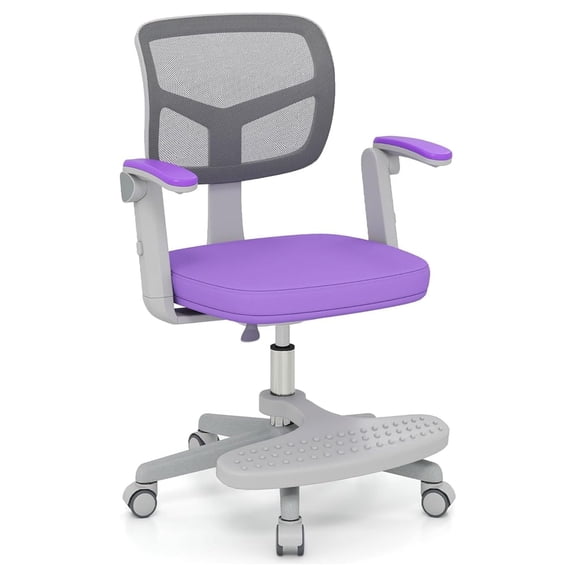 REKHH Kids Desk Chair, Ergonomic Adjustable Student Rolling Chair with Footrest & Flip-up Armrest, Mesh Children Office Chair with Universal Wheels, Kids Computer Chair for Boys & Girls, Purple