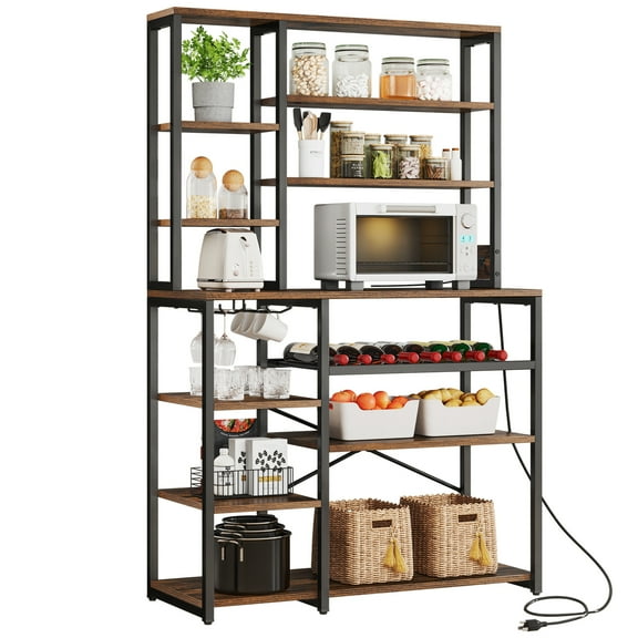 REKHH  Large Bakers Rack with Power Outlets, 6-Tier Microwave Stand, Coffee Bar with 12 S-Shaped Hooks, Kitchen Shelf with Wire Basket, 39.3 x 15.5 x 66.9 Inches, Rustic Brown