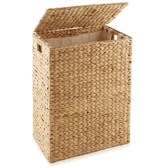 REKHH Large Laundry Hamper with Lid and Removable Liner Bag - Natural, Woven Water Hyacinth Rectangular Laundry Basket Sorter for Clothes and Towels