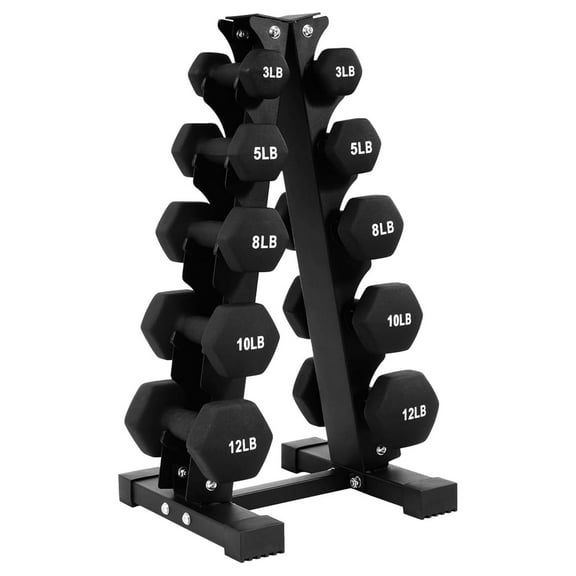 REKHH Neoprene Coated Iron Dumbbell Hex Weights Set with Stand – Color-Coded or Black Options with Non-Slip Grip for Strength Training, Resistance Workouts, and Home Gym Fitness