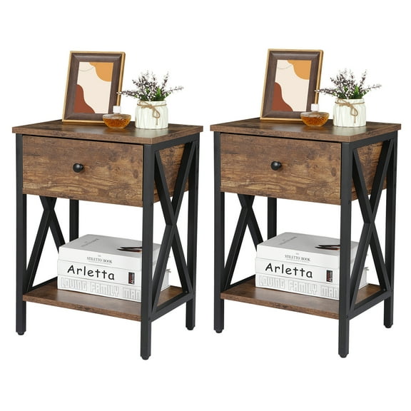REKHH Nightstand Set of 2, Modern End Table with Drawer Industrial Metal Frame Bedside Tables for Bedroom Living Room Apartment Small Spaces, Antique Brown