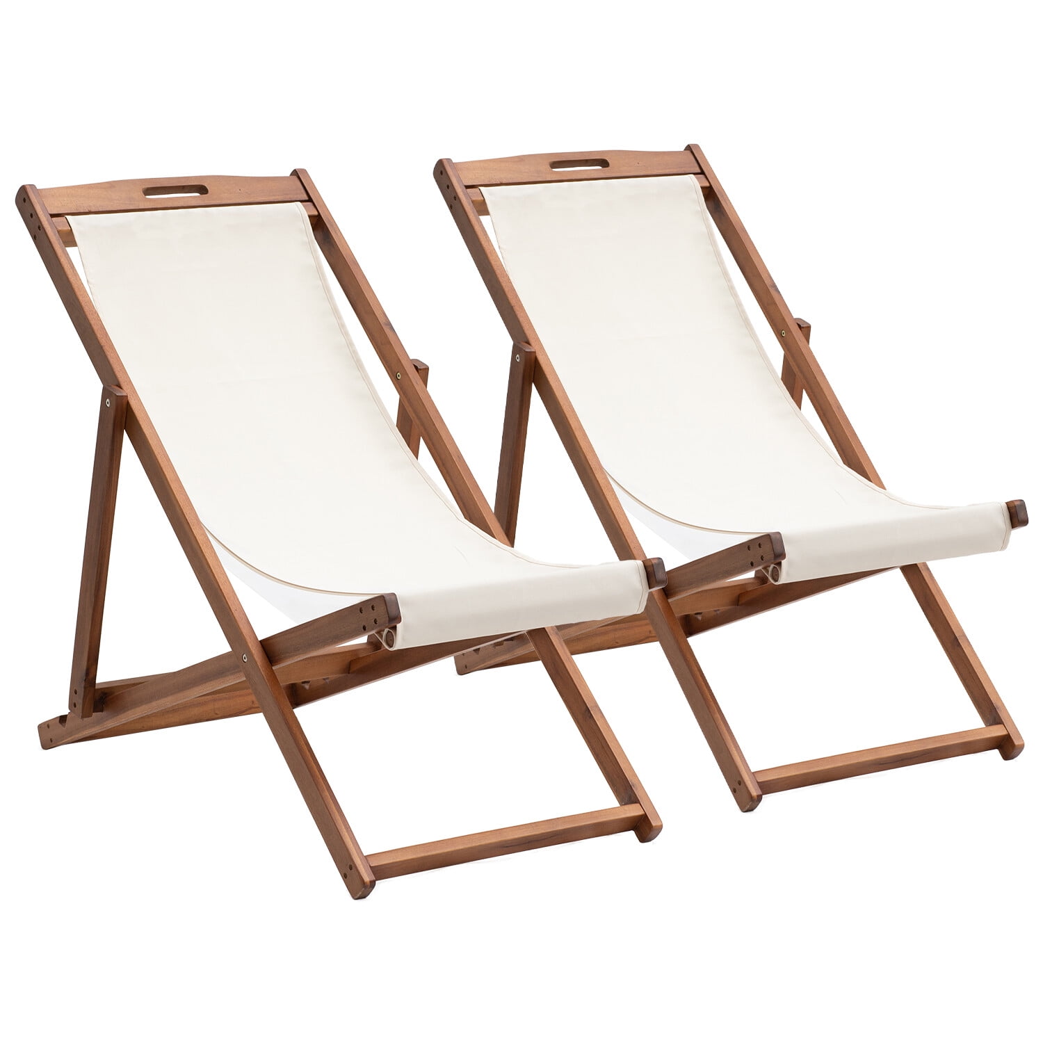 REKHH Patio Lounge Chair Outdoor Beach Set of 2, Sling Chairs Wooden Folding for Outside, 3 Level Height Adjustable, Portable Reclining Chair,Khaki