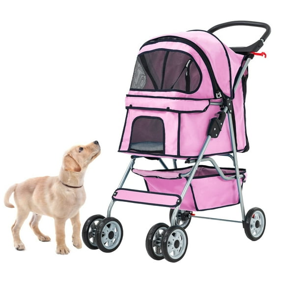 REKHH Pet Stroller 4 Wheels Dog Cat Stroller for Small Medium Dogs Cats Foldable Puppy Stroller with Storage Basket and Cup Holde,,Black