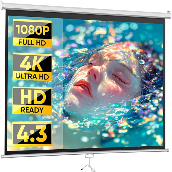 REKHH Portable Projector Screen Pull Down, 72 Inch 4:3 Video Projection Screen Home Theater, Retractable Projector Screen, Moive Screen Indoor Outdoor, Wall Mount (72'' 4:3 White)