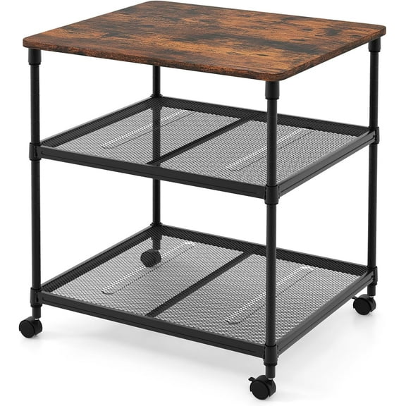 REKHH Printer Stand, 3-Tier Industrial Printer Cart with Lockable Wheels, Adjustable Shelves, Metal Frame, Mobile Under Desk Shelf for Home Office, Printer Table Fit Fax Machine, Scanner (Brown)