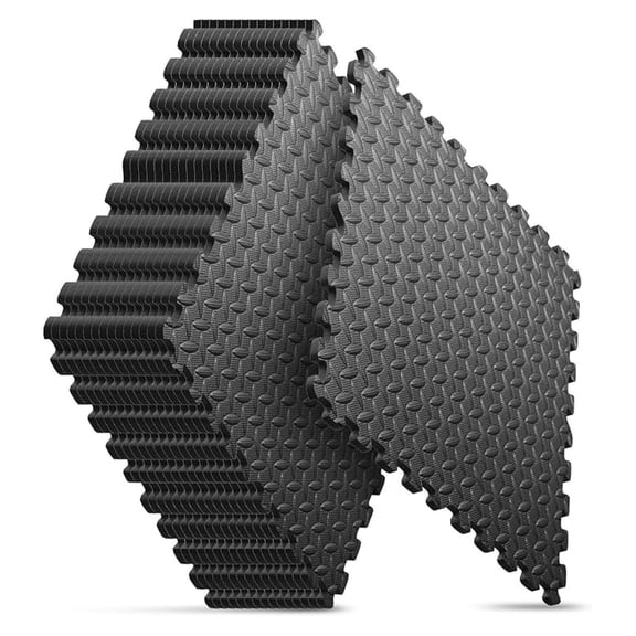 REKHH Puzzle Exercise Mat, EVA Interlocking Foam Floor Tiles for Home Workout Equipment and Kids' Play Areas - Black, 24 in x 24 in x ½ in - 16 Tiles (Black, 16 Pack, 64 SQ FT)