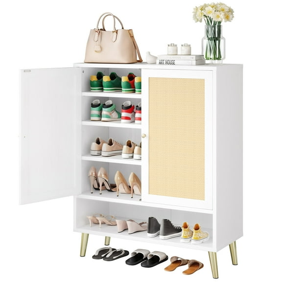 REKHH Rattan Shoe Cabinet with Doors, 5-Tier Shoe Storage Cabinet for Entryway, Shoe Rack Organizer for Entryway/Hallway/Closet