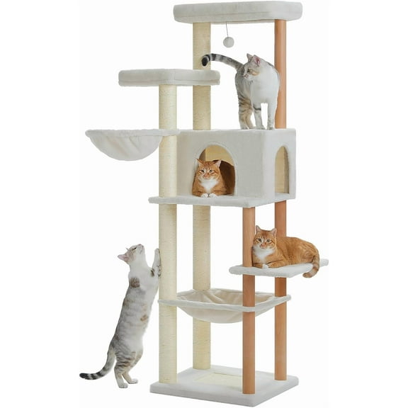 REKHH Road Large Cat Tree, 73 Inches Tall Wooden Cat Tower with 2 Spacious Hammocks,2 Big Top Beds,8 Fully Scratching Posts and Natural Wood Posts, Multi Cat Tree for Indoor Cats Large Adult-XL