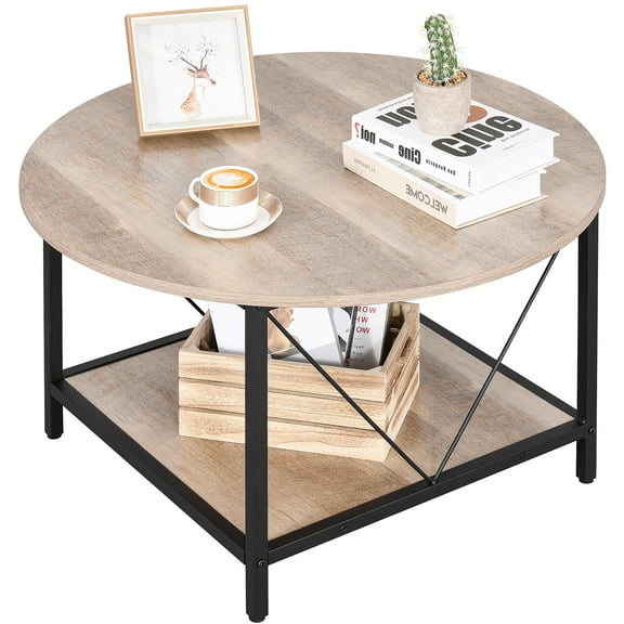 REKHH   Round Coffee Table, Rustic Wood Coffee Tables for Living Room, Farmhouse Circle Coffee Table with 2-Tier Storage, Center Table with Sturdy Metal Legs Storage Shelf, Grey Wash
