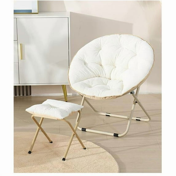REKHH Round Folding Saucer Chair with Footrest Ottoman for Bedroom Dorm,White