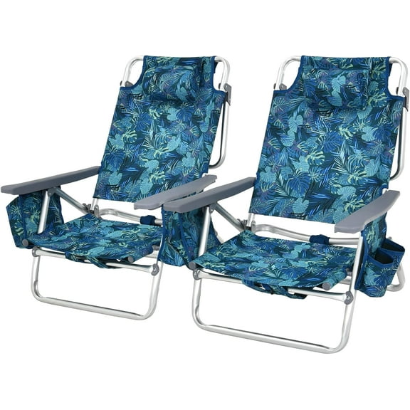 REKHH Set of 2 Backpack Beach Chair, 5-Position Lay Flat Beach Chairs with Cooler Bag, 2 Cup Holders, Towel Bar, Lightweight Folding Beach Chair with Backpack Straps