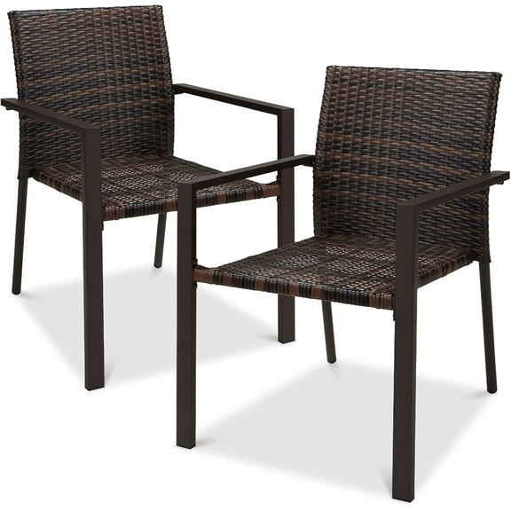 REKHH Set of 2 Stackable Outdoor Wicker Dining Chairs All-Weather Firepit Armchair w/Armrests, Steel Frame for Patio, Deck, Garden, Yard - Brown