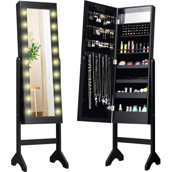 REKHH Standing Jewelry Armoire with 18 LED Lights Around the Door, Large Storage Mirrored Jewelry Cabinet with Full Length Mirror, 16 Lipstick Holders, 1 Inside Makeup Mirror (Black)