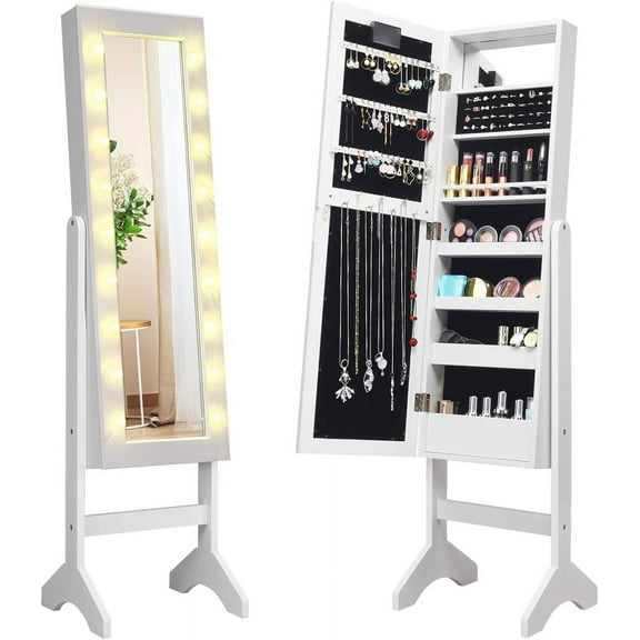 REKHH Standing Jewelry Armoire with 18 LED Lights Around the Door, Large Storage Mirrored Jewelry Cabinet with Full Length Mirror, 16 Lipstick Holders, 1 Inside Makeup Mirror (White)