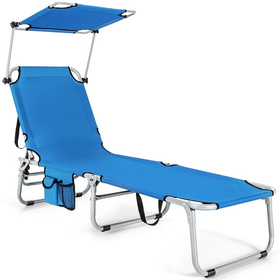 REKHH Tanning Chair, Beach Lounge Chair with Canopy Sunshade, Carry Handle & Pocket, 5 Level Adjustable Layout Chaise Lounge for Outside, Folding Sunbath Chair for Outdoor, Patio, Poolside (1, Blue)