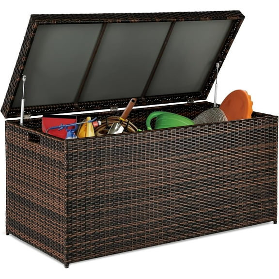 REKHH Upgraded Version 132 Gallon Outdoor Storage Box, Patio Rattan Deck Box, Wicker Storage Bench for Indoor, Outdoor, Pool, Balcony, Yard, Garden, Brown