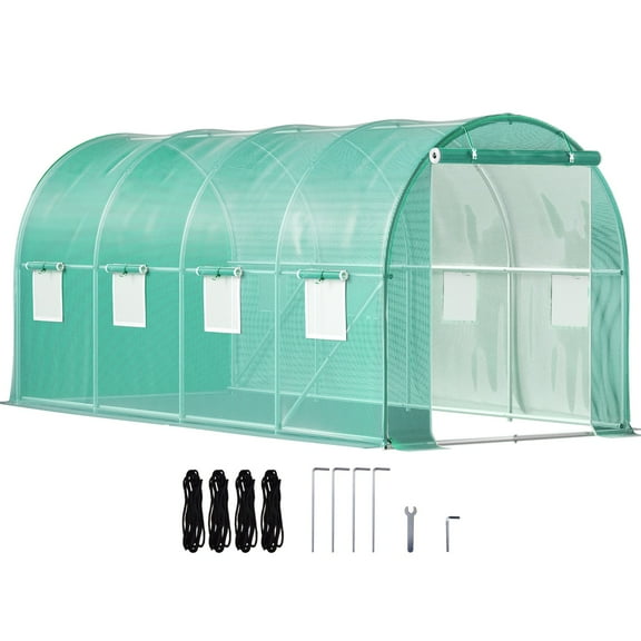 REKHH Walk-in Tunnel Greenhouse, 15'x7'x7' ft Portable Plant Hot House w/ Galvanized Steel Hoops, 1 Top Beam, Diagonal Poles, Zippered Door & 8 Roll-up Windows, Green