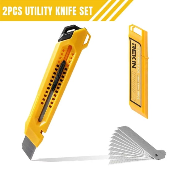 REKIN 2-Piece Industrial 18mm Utility Knife Set, ABS Handle Box Cutters with 10 SK5 Replacement Blades & Storage Case, Heavy Duty for Cardboard, Packaging, Office & Home Cutting