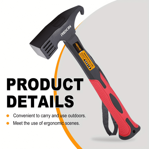 REKIN Camping Hammer with Tent Stake Remover, Forged Carbon Steel, Red TPR Handle