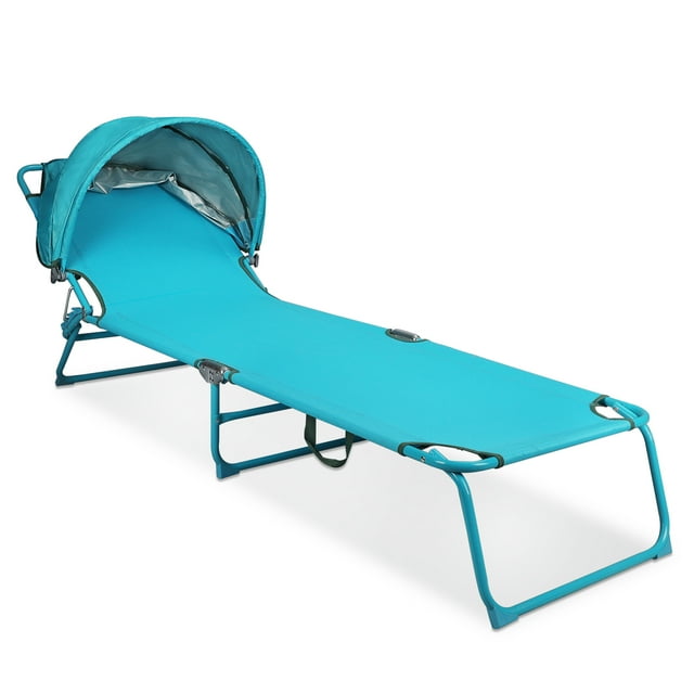 REKING Folding Sun Beach Cot w/Shade,Portable Camping Lounger with 3-Level Adjustable Backrest(1 Pcs,Blue))