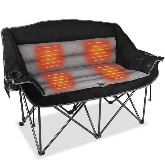 Heated Double Camping Chair Three-Level Temperature Control Outdoor Heated Camping Sofa 600 lbs Weight Capacity Black Batteries Sold Separately