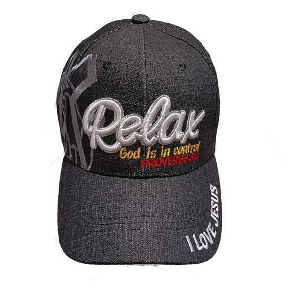 RELAX GOD IS IN CONTROL Christian Baseball Hat Cap (Denim Black)