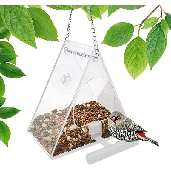 RELAX Window Bird Feeder, Bird House Feeder Acrylic Clear Window Bird Feeder Hanging Wild Bird Feeder with Suction Cup and Hanging Chain Seed Tray for Bird Watching Outdoors Garden Backyard(Triangle)