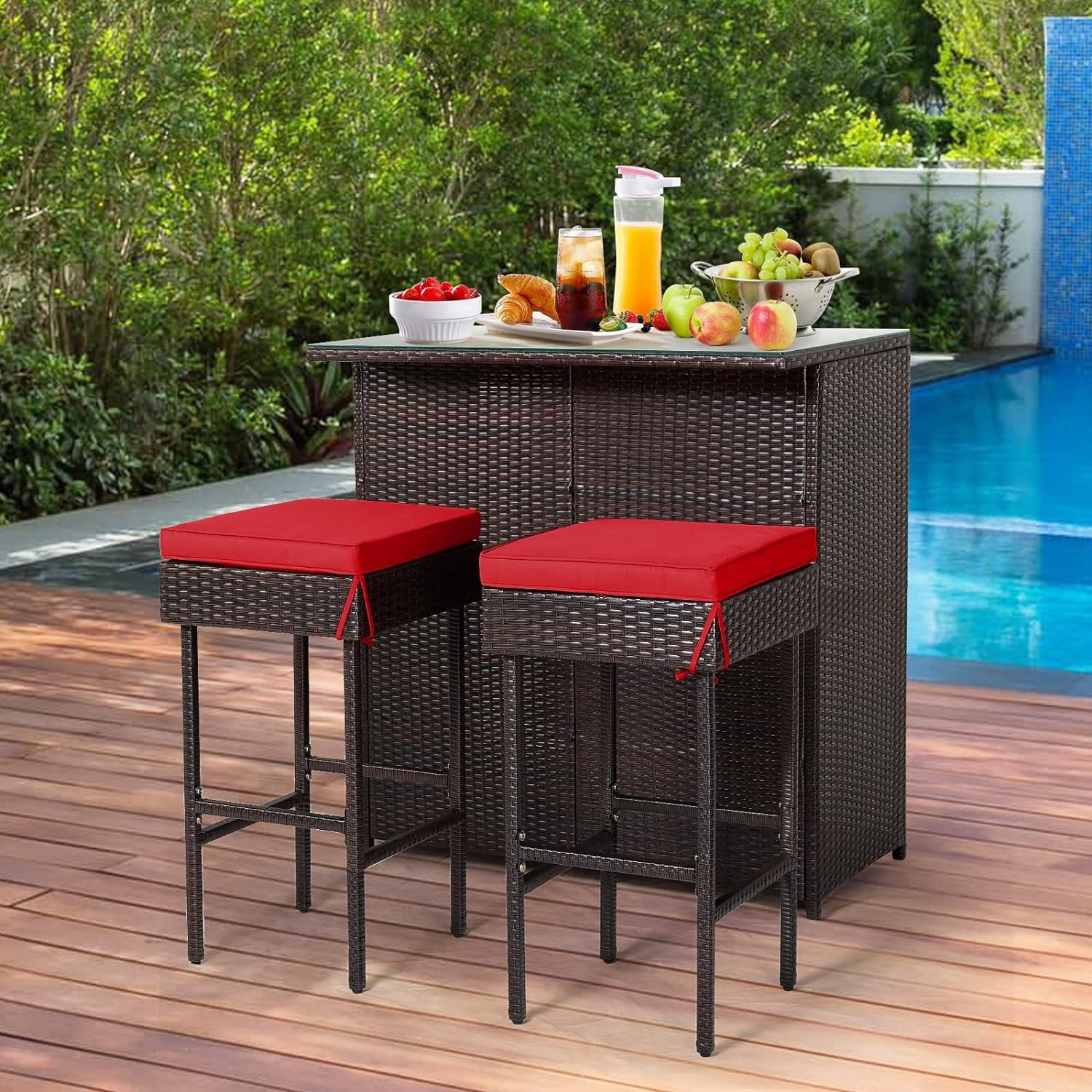 RELAX4FLIE 3-Piece Outdoor Bar Set, Patio Wicker Bar Height Table And ...