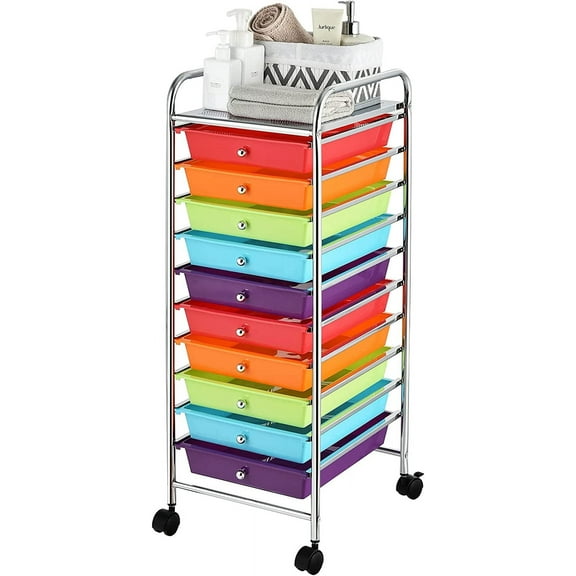 RELAX4LIFE 10 Drawer Rolling Cart, Slim Storage Cart w/Lockable Wheels for Classroom School Teacher Office, Art Supplies Paper Scrapbook Craft Organizers, Utility Cart with Drawers (Multicolor)