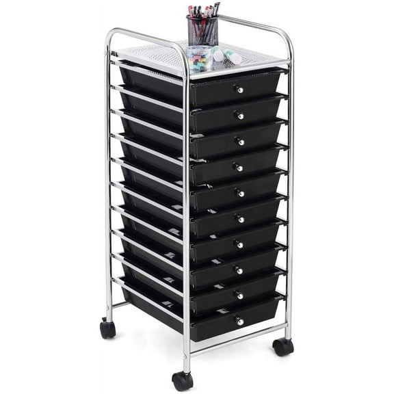 RELAX4LIFE 10 Drawer Rolling Cart, Slim Storage Cart w/Lockable Wheels for Classroom School Teacher Office, Art Supplies Paper Scrapbook Craft Organizers, Utility Cart with Drawers (Black)