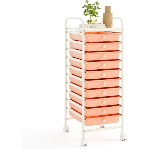 RELAX4LIFE 10 Drawer Rolling Cart - Slim Storage Cart w/Lockable Wheels for Classroom School Teacher Office, Art Supplies Paper Scrapbook Craft Organizers, Utility Cart with Drawers (Peach Pink)
