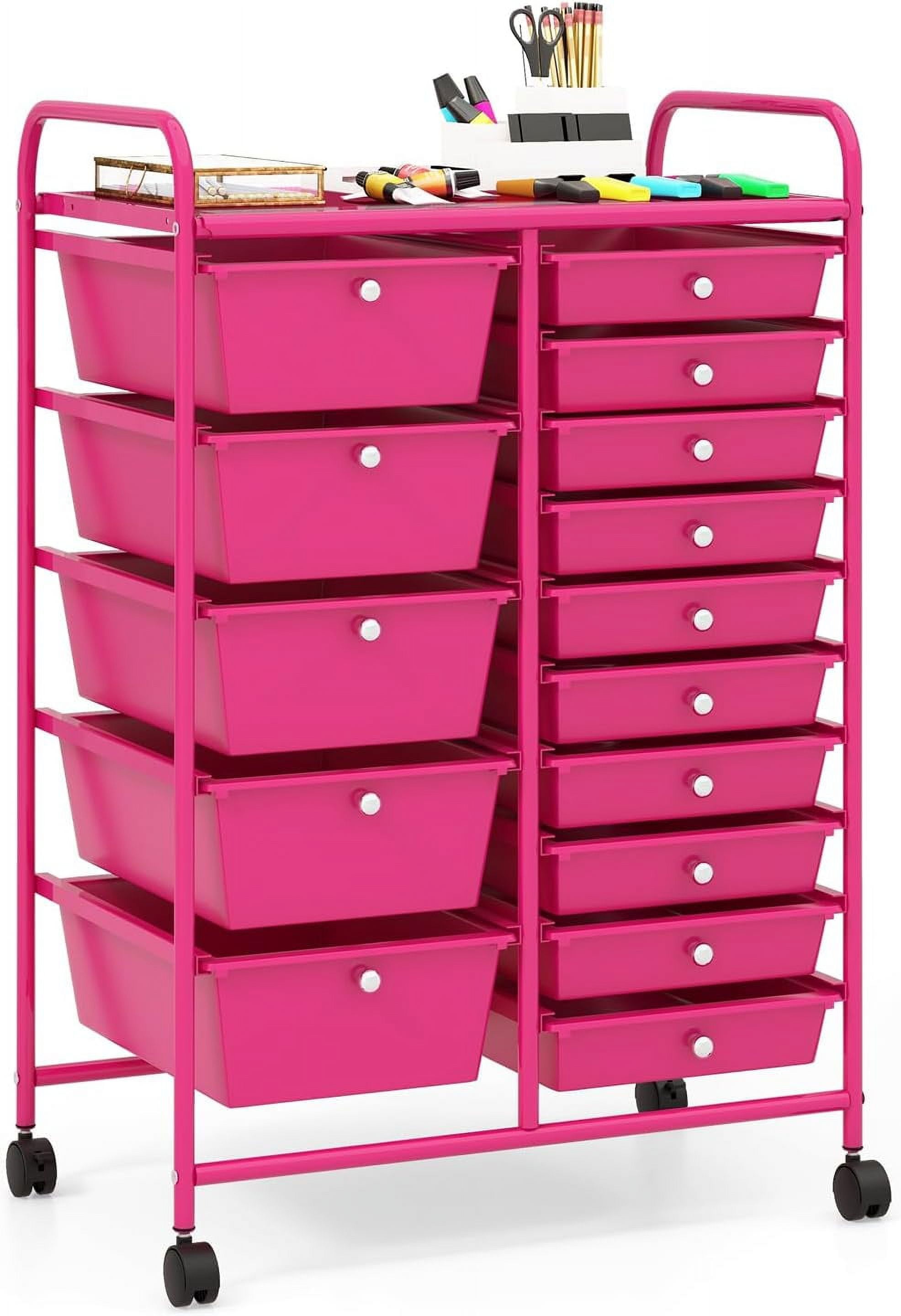 Hot Pink Steel Frame 15-Drawer Rolling Storage Cart