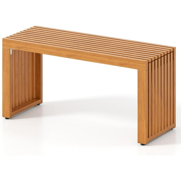 RELAX4LIFE 2-Person Wooden Outdoor  - 36’’ Acacia Wood Backless Patio Garden  w/Slatted Seat, Indoor Outside Dining Loveseat Furniture for Entryway Park Porch, 800LBS Weight Capacity (1)