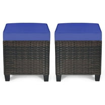 RELAX4LIFE 2-Piece Patio Ottoman Set - Wicker Footstools, All Weather PE Rattan Ottoman with Removable Cushions, Square Footrest Seat, Outdoor Stools for Garden, Porch, Pouf Ottoman (Navy Blue)