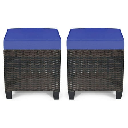 RELAX4LIFE 2-Piece Patio Ottoman Set - Wicker Footstools, All Weather PE Rattan Ottoman with Removable Cushions, Square Footrest Seat, Outdoor Stools for Garden, Porch, Pouf Ottoman (Navy Blue)