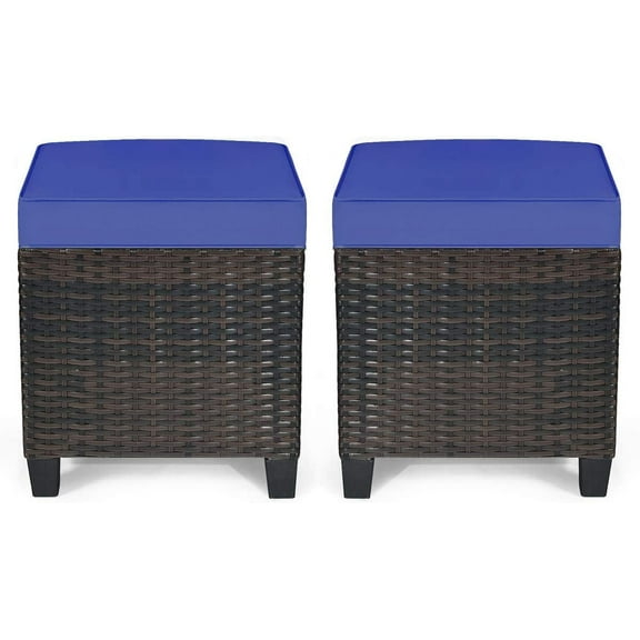 RELAX4LIFE 2-Piece Patio Ottoman Set - Wicker Footstools, All Weather PE Rattan Ottoman with Removable Cushions, Square Footrest Seat, Outdoor Stools for Garden, Porch, Pouf Ottoman (Navy Blue)