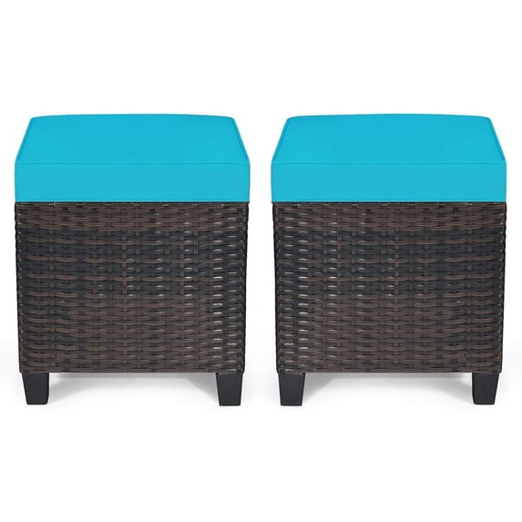 CHTER 2-Piece Patio Ottoman Set - Wicker Footstools, All Weather PE Rattan Ottoman with Removable Cushions, Square Footrest Seat, Outdoor Stools for Garden, Porch, Pouf Ottoman (Turquoise)