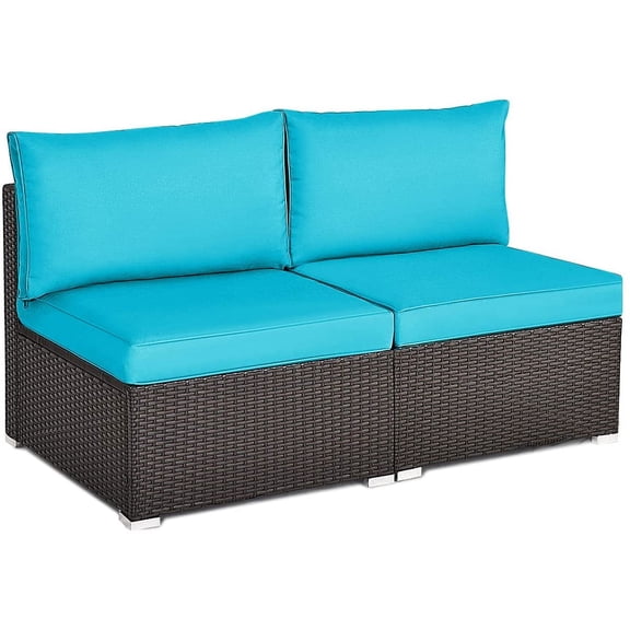 RELAX4LIFE 2-Piece Rattan Armless Sofa - Patio Wicker Sectional Conversation Sofa Set with Removable Cushions, Heavy-Duty Steel Frame, Outdoor Furniture Set for Garden, Backyard, Poolside (Turquoise)