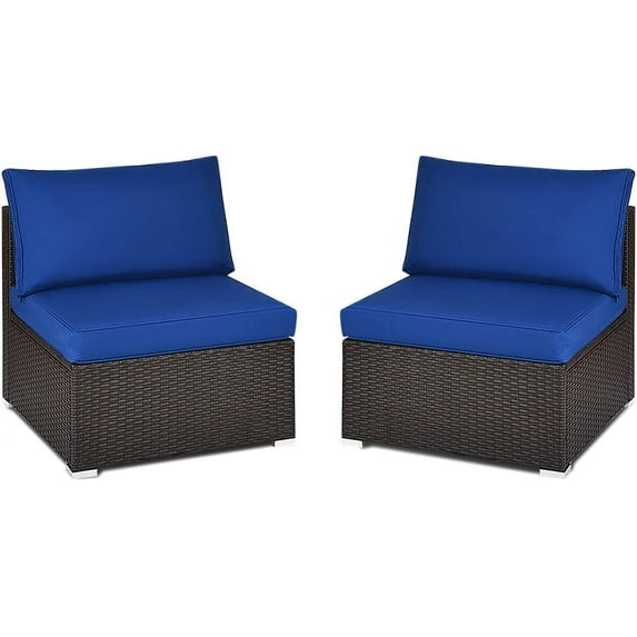 RELAX4LIFE 2-Piece Wicker Armless Sofa - PE Rattan Sectional Sofa Set w/Removable Cushions, All-Weather Sofa Chair Set for Porch, Balcony, Garden, Poolside, Outdoor Patio Sofa (Navy Blue)